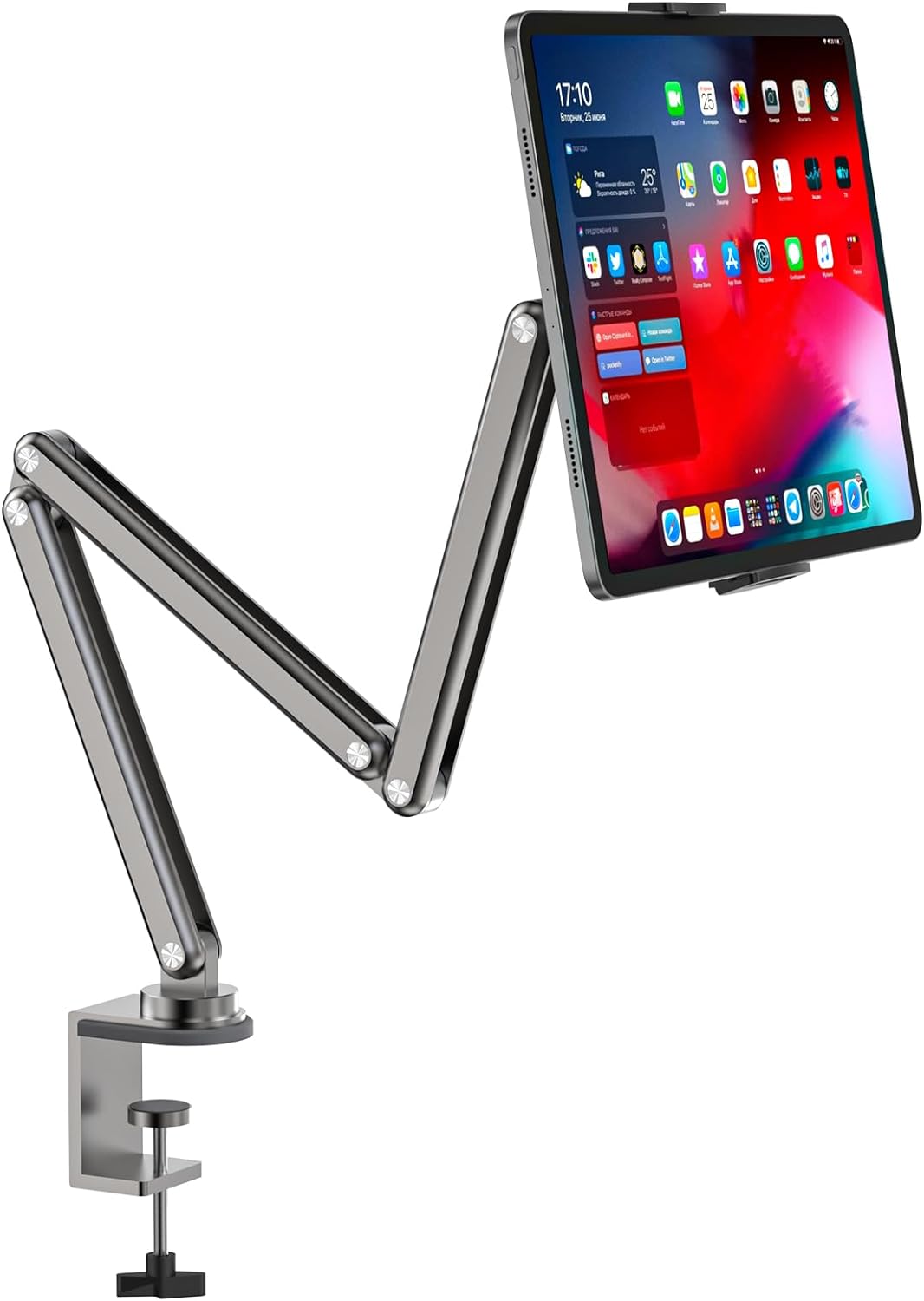 Adjustable Articulating Tablet Stand for Desk Aluminum Alloy Foldable Arm Mount Holder 360°, Universal VESA Clamp for iPad Samsung Tab