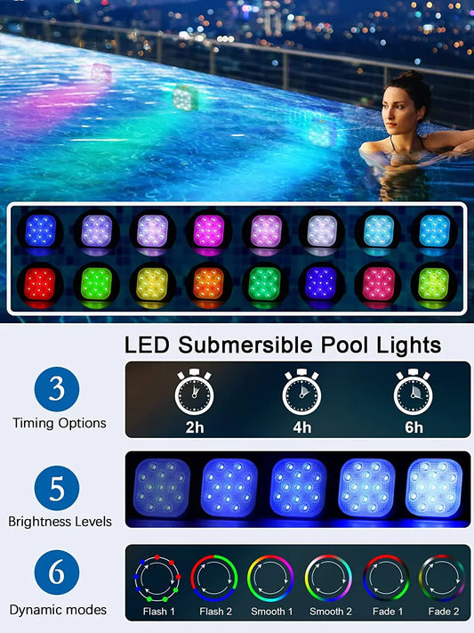 Underwater Lights LED Submersible Pool Light Rechargeable Swimming Pool Decor Lighting With Remote Control Timer Color Changing