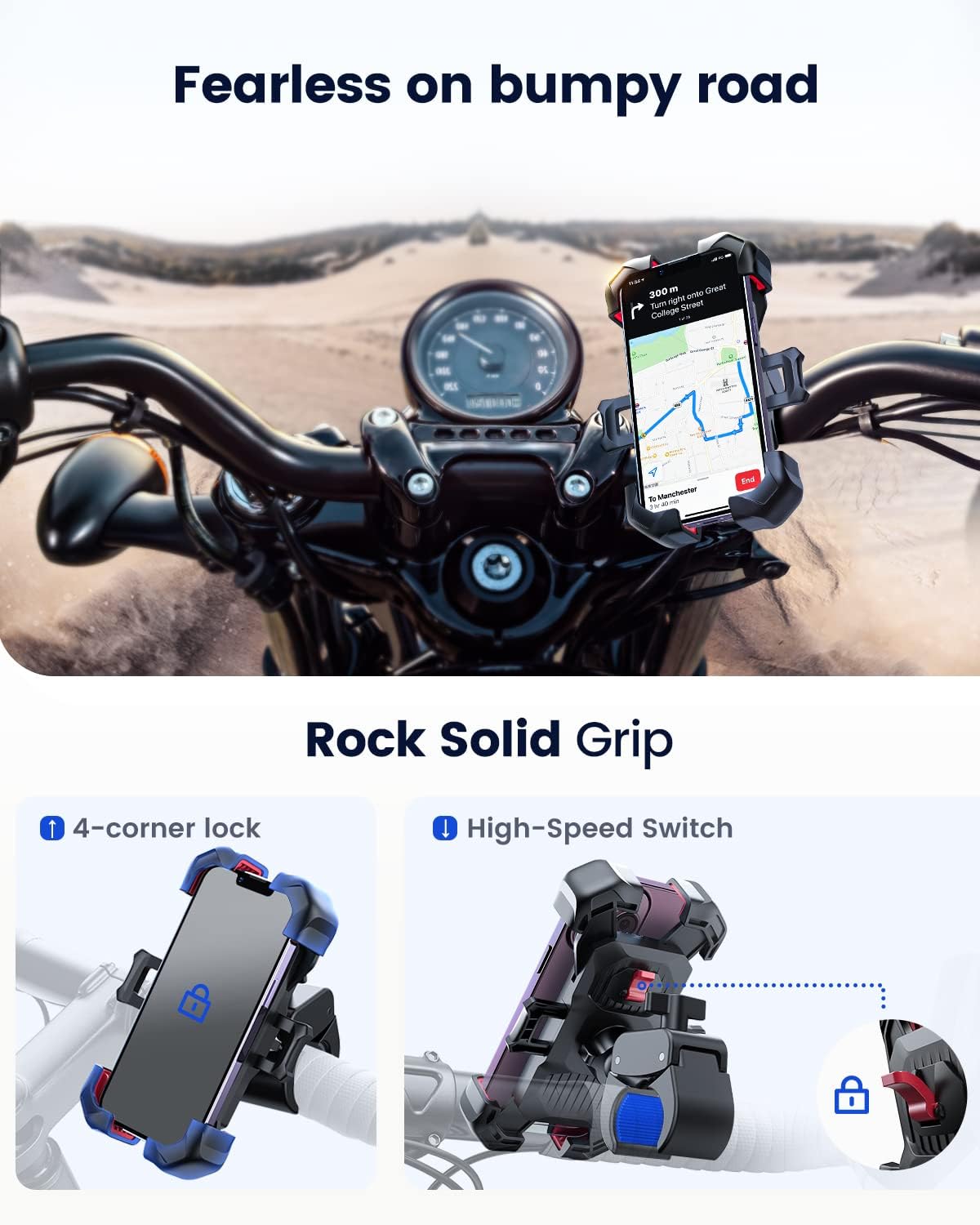Motorcycle Phone Mount, Auto Lock, Military Anti-Shake, Phone Holder for Bicycle, for Handlebar Mount