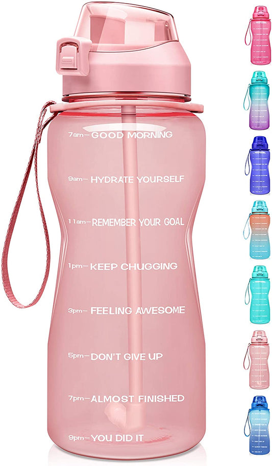 1 Gallon Motivational Water Bottle with Time Marker, Ombre Colors wide mouth, straw lid