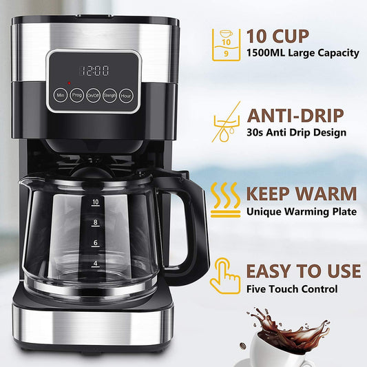 40 Oz Drip Coffee Machine - 1.2L Classic Coffee Maker, 10 Cups