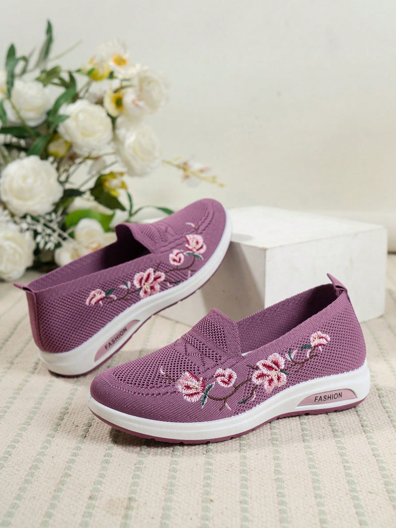 Women'S Slip-On Embroidery Sneakers, Soft Breathable Sole, Casual Sports Shoes