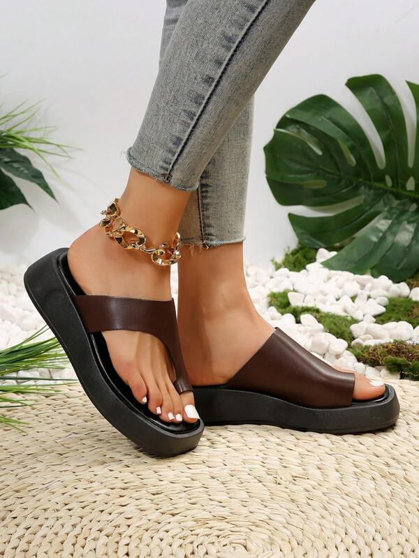 Women Thong Sandals, Fashionable Summer Toe Ring Design Wedge Slide Sandals