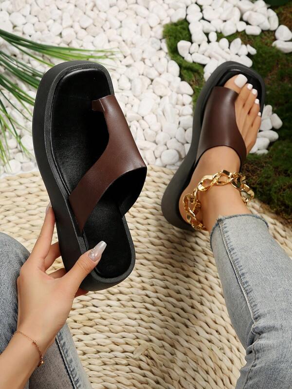 Women Thong Sandals, Fashionable Summer Toe Ring Design Wedge Slide Sandals