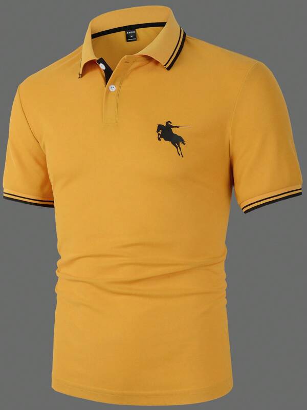 Manfinity Men Horse Print Striped Trim Polo Shirt