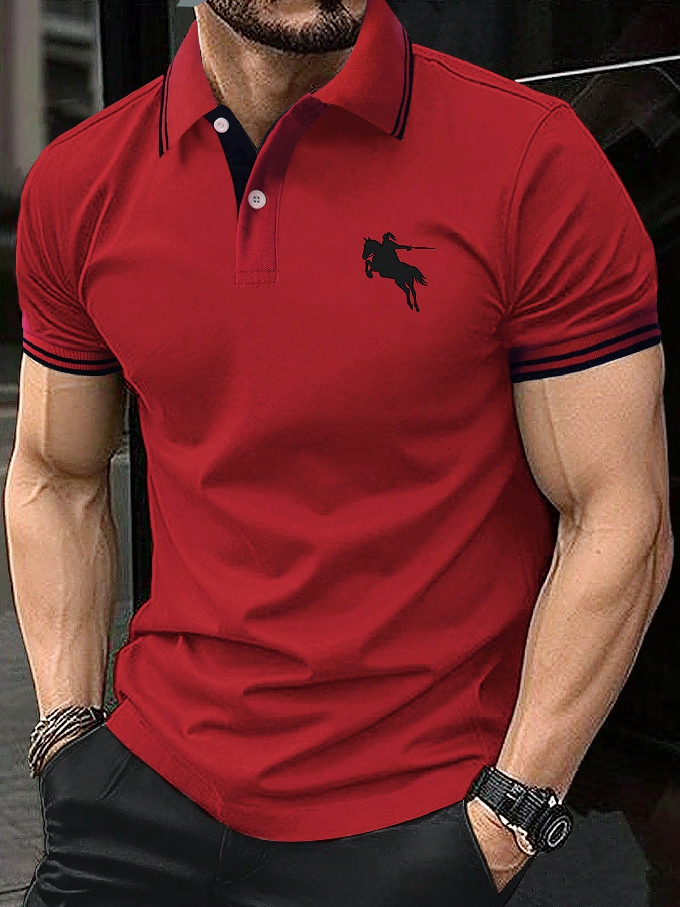 Manfinity Men Horse Print Striped Trim Polo Shirt