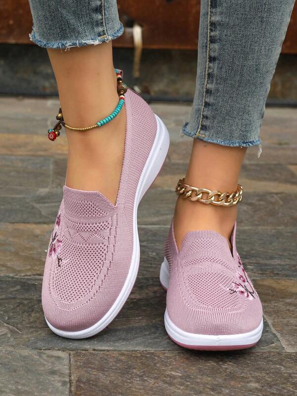 Women'S Slip-On Embroidery Sneakers, Soft Breathable Sole, Casual Sports Shoes