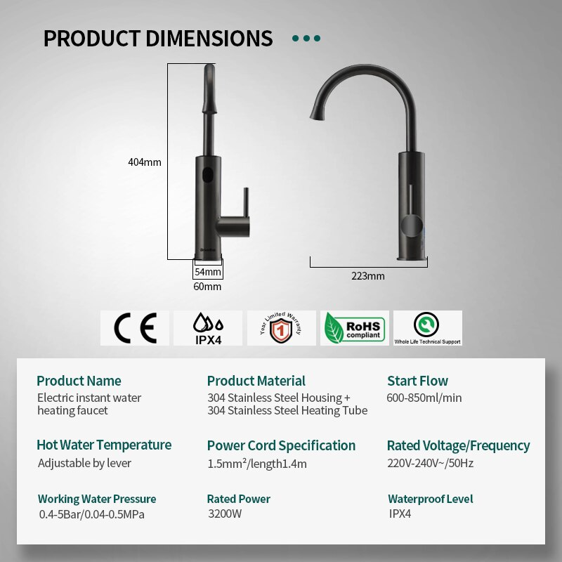 Instant Hot Water Tap Faucet, 3200W 2 in 1 Kitchen Instant Boiling Water , Digital Temperature Display