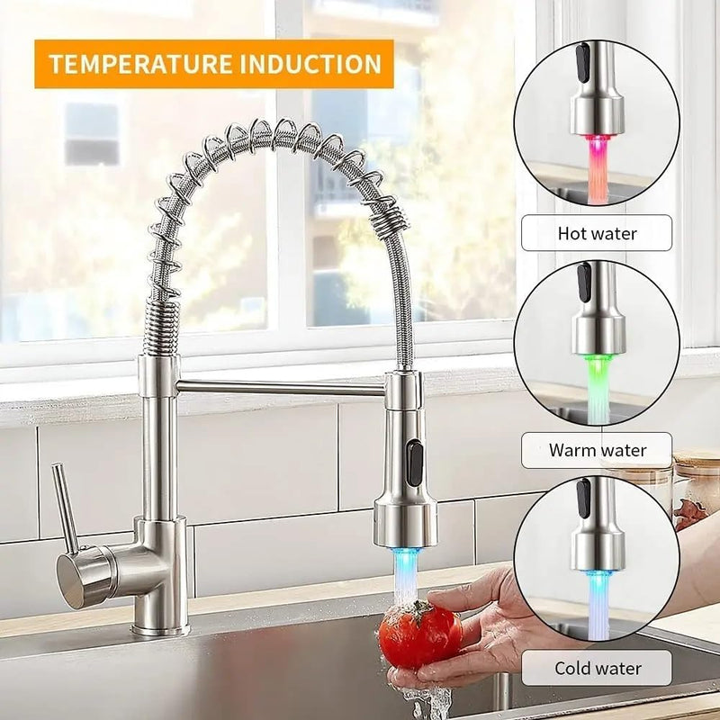 Kitchen Faucets Brush Brass Faucets for Kitchen Sink Single Lever Pull Down Spring Spout Mixers Tap Hot Cold Water Crane 9009