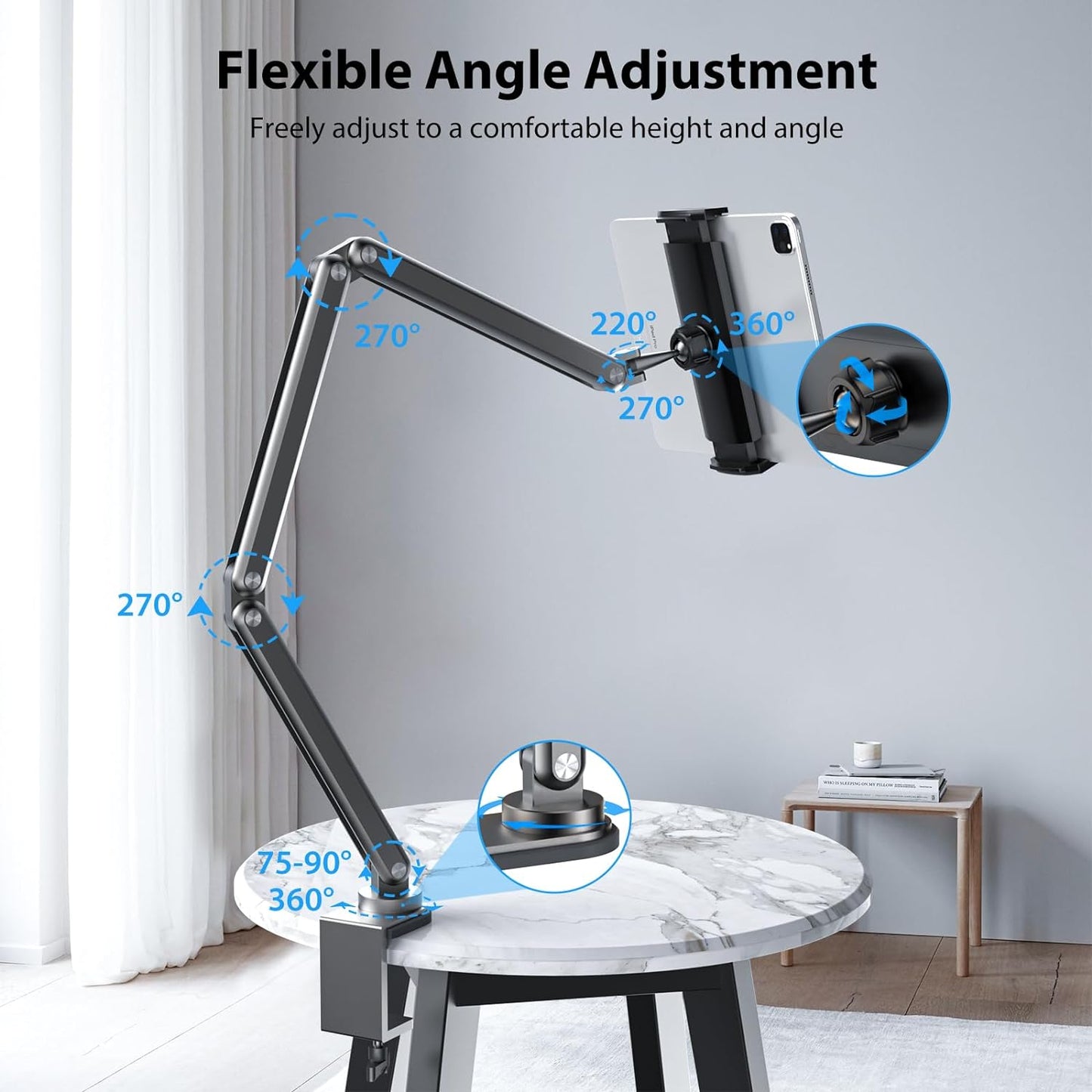 Adjustable Articulating Tablet Stand for Desk Aluminum Alloy Foldable Arm Mount Holder 360°, Universal VESA Clamp for iPad Samsung Tab