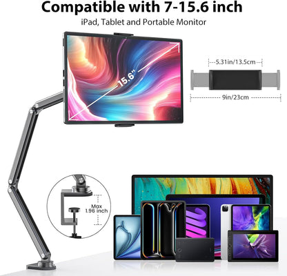 Adjustable Articulating Tablet Stand for Desk Aluminum Alloy Foldable Arm Mount Holder 360°, Universal VESA Clamp for iPad Samsung Tab