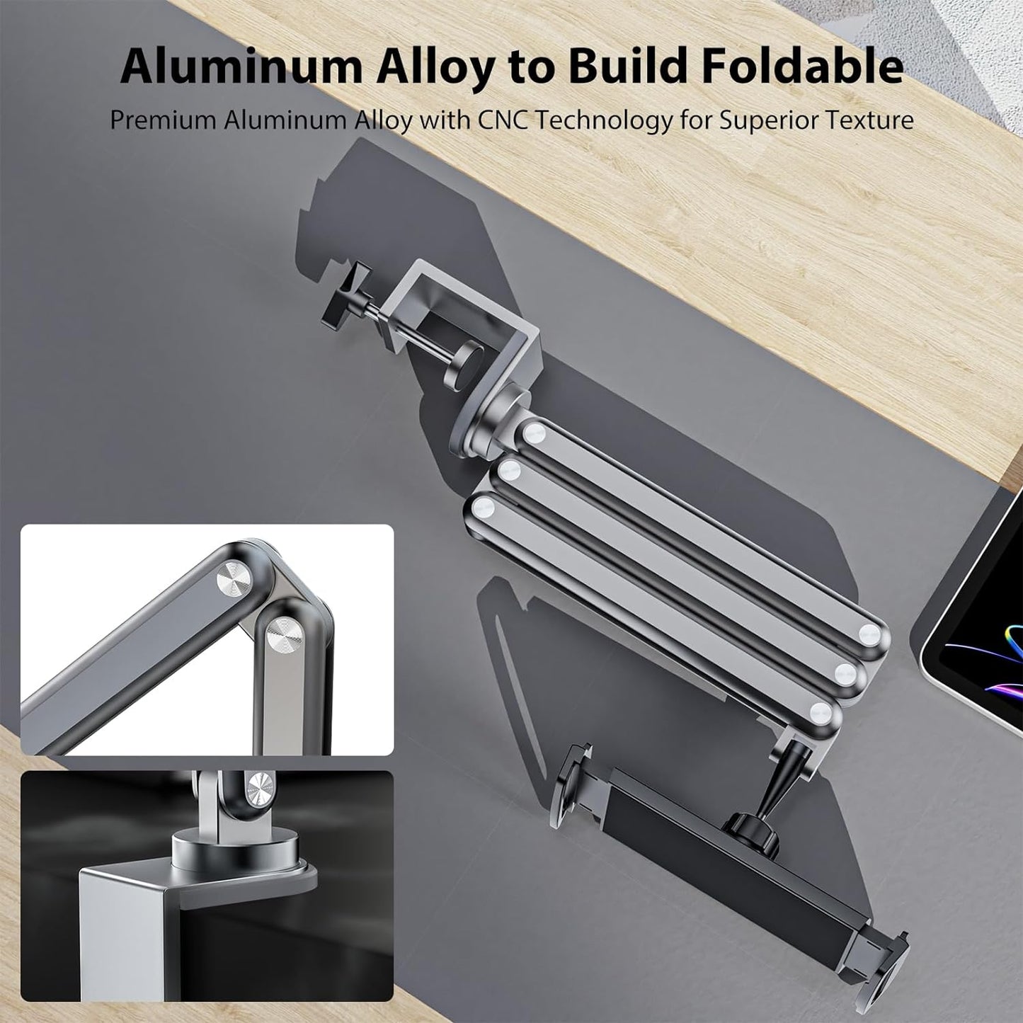 Adjustable Articulating Tablet Stand for Desk Aluminum Alloy Foldable Arm Mount Holder 360°, Universal VESA Clamp for iPad Samsung Tab