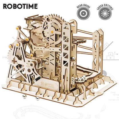 4 Models Marble Run DIY Waterwheel Wooden Model Building Block Kits Assembly Toy Gift for Children Adult