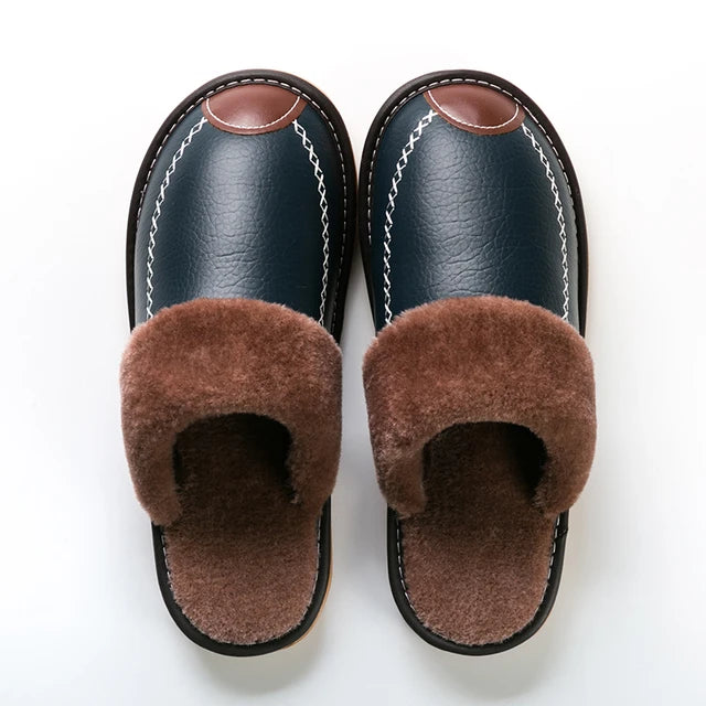 Men Slippers Black New Winter PU Leather Slippers Warm Indoor Slipper Waterproof Home House Shoes Women Warm Leather Slippers