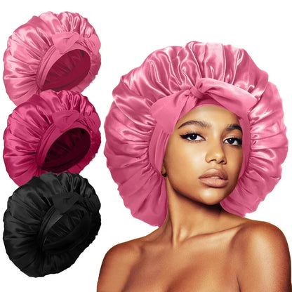 Set of 3 Satin Silk Sleep Bonnets for Women - Extra Large Bonnet with Tie Band for Curly Hair and Braids