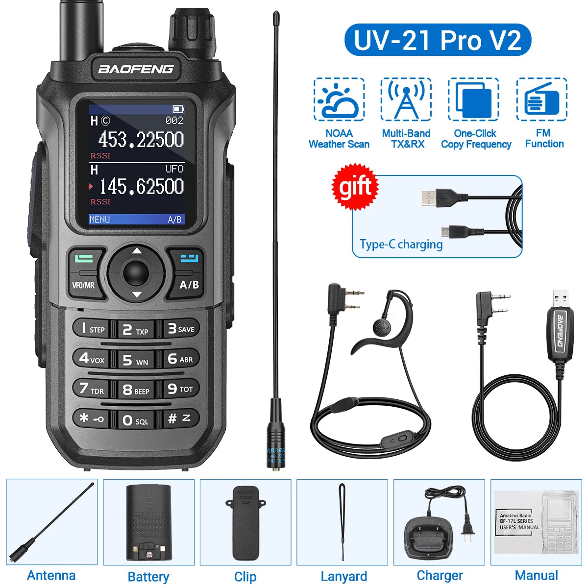Baofeng UV-21 Pro V2 Wireless Walkie-Talkie Frequency Tri Band Powerful Waterproof Long Range UV-5R 22Pro S22 Type-C Two Way Radio