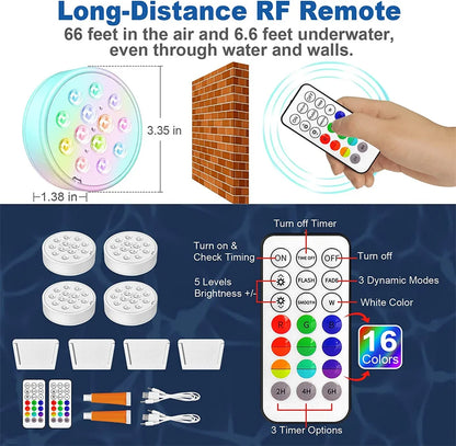 Rechargeable Submersible LED Pool Lights with Remote IP68 Waterproof Multi-Color for Decor
