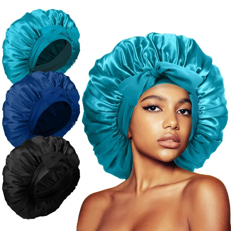 Set of 3 Satin Silk Sleep Bonnets for Women - Extra Large Bonnet with Tie Band for Curly Hair and Braids