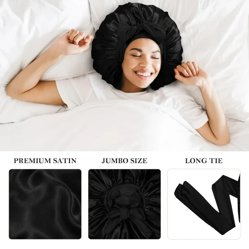Set of 3 Satin Silk Sleep Bonnets for Women - Extra Large Bonnet with Tie Band for Curly Hair and Braids