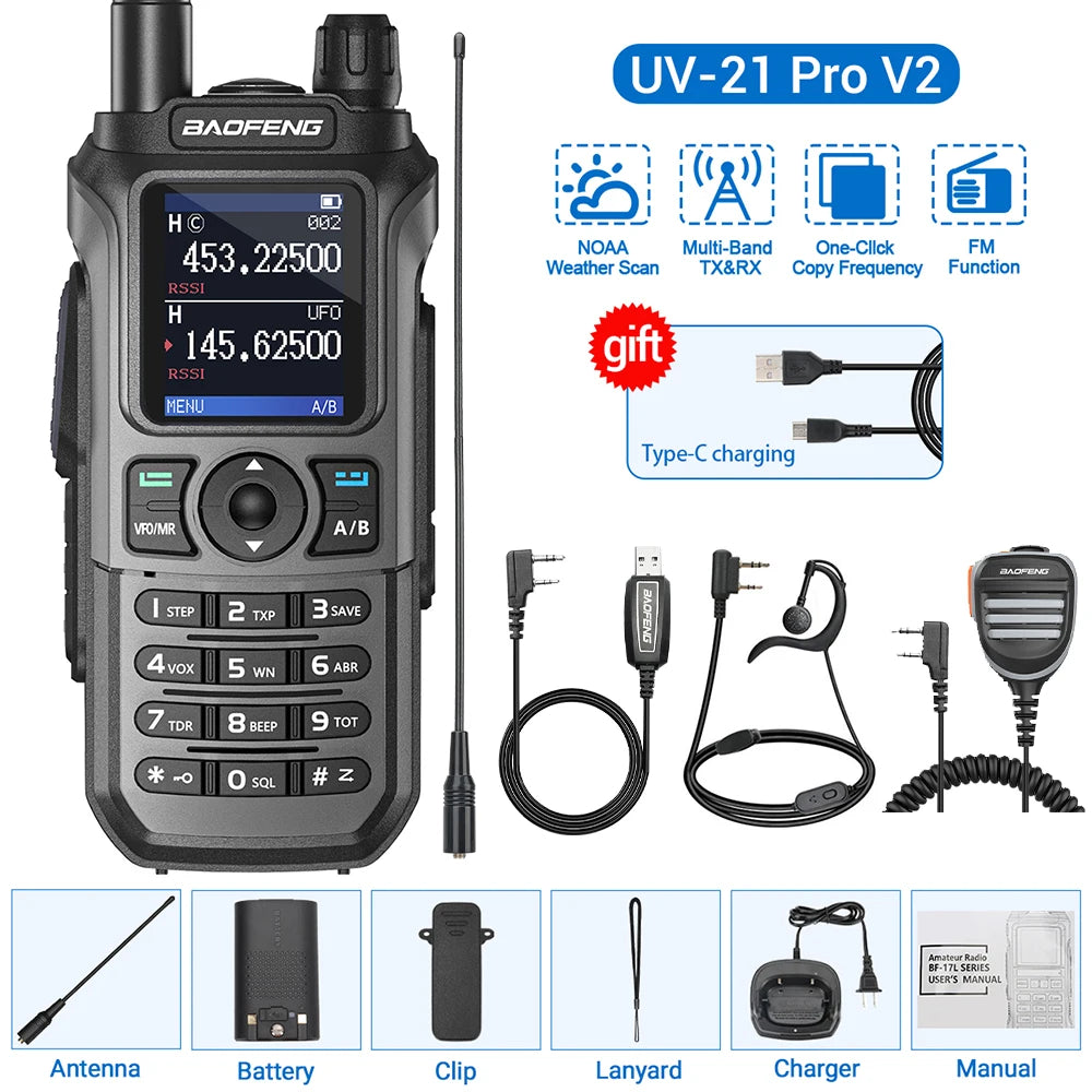 Baofeng UV-21 Pro V2 Wireless Walkie-Talkie Frequency Tri Band Powerful Waterproof Long Range UV-5R 22Pro S22 Type-C Two Way Radio