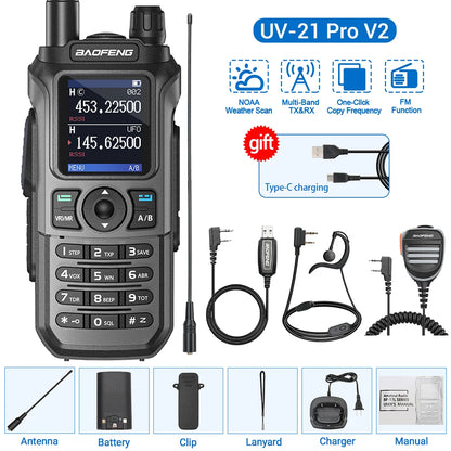 Baofeng UV-21 Pro V2 Wireless Walkie-Talkie Frequency Tri Band Powerful Waterproof Long Range UV-5R 22Pro S22 Type-C Two Way Radio