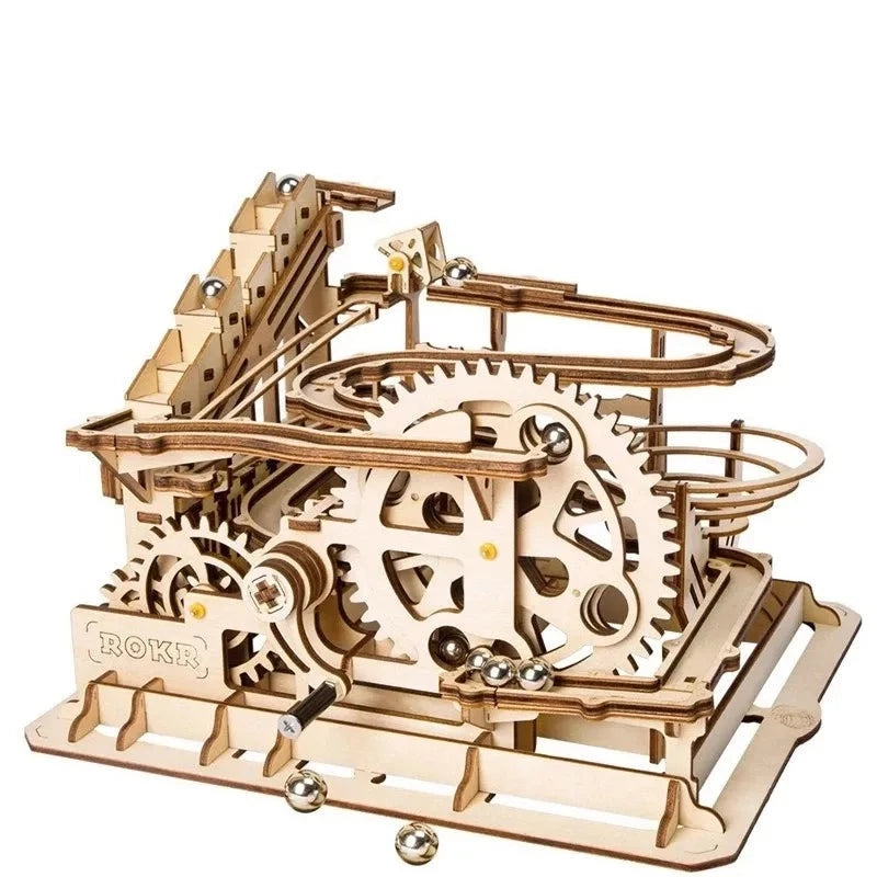 4 Models Marble Run DIY Waterwheel Wooden Model Building Block Kits Assembly Toy Gift for Children Adult