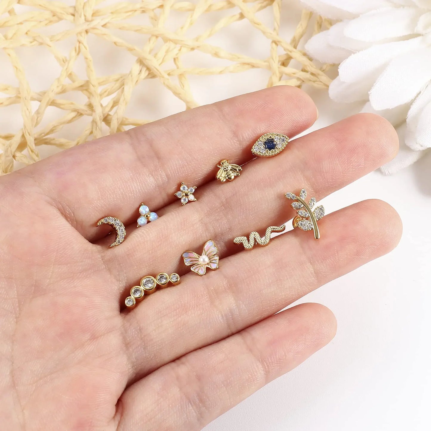 16G Stainless Steel Cartilage Earrings for Women - Flat Back Butterfly Moon Flower Helix & Tragus Piercing Jewelry