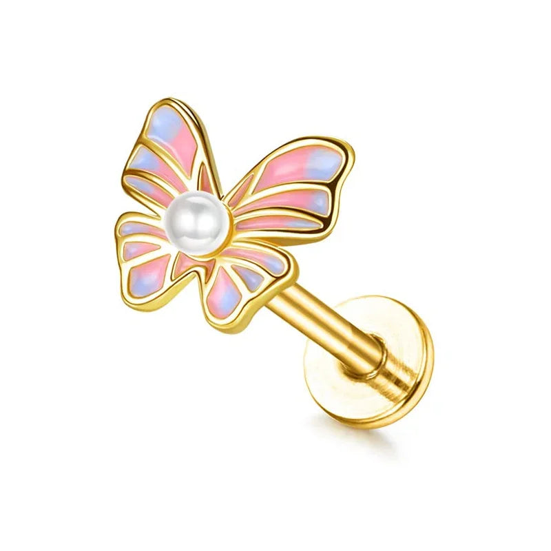 16G Stainless Steel Cartilage Earrings for Women - Flat Back Butterfly Moon Flower Helix & Tragus Piercing Jewelry