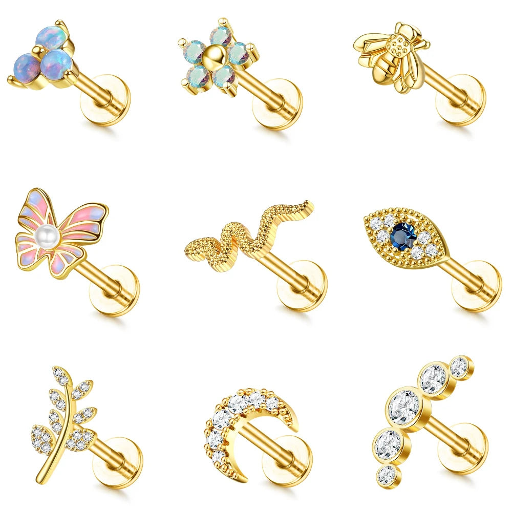 16G Stainless Steel Cartilage Earrings for Women - Flat Back Butterfly Moon Flower Helix & Tragus Piercing Jewelry