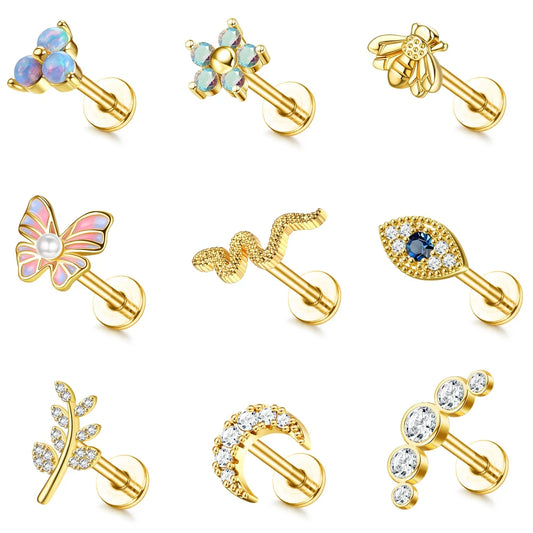 16G Stainless Steel Cartilage Earrings for Women - Flat Back Butterfly Moon Flower Helix & Tragus Piercing Jewelry