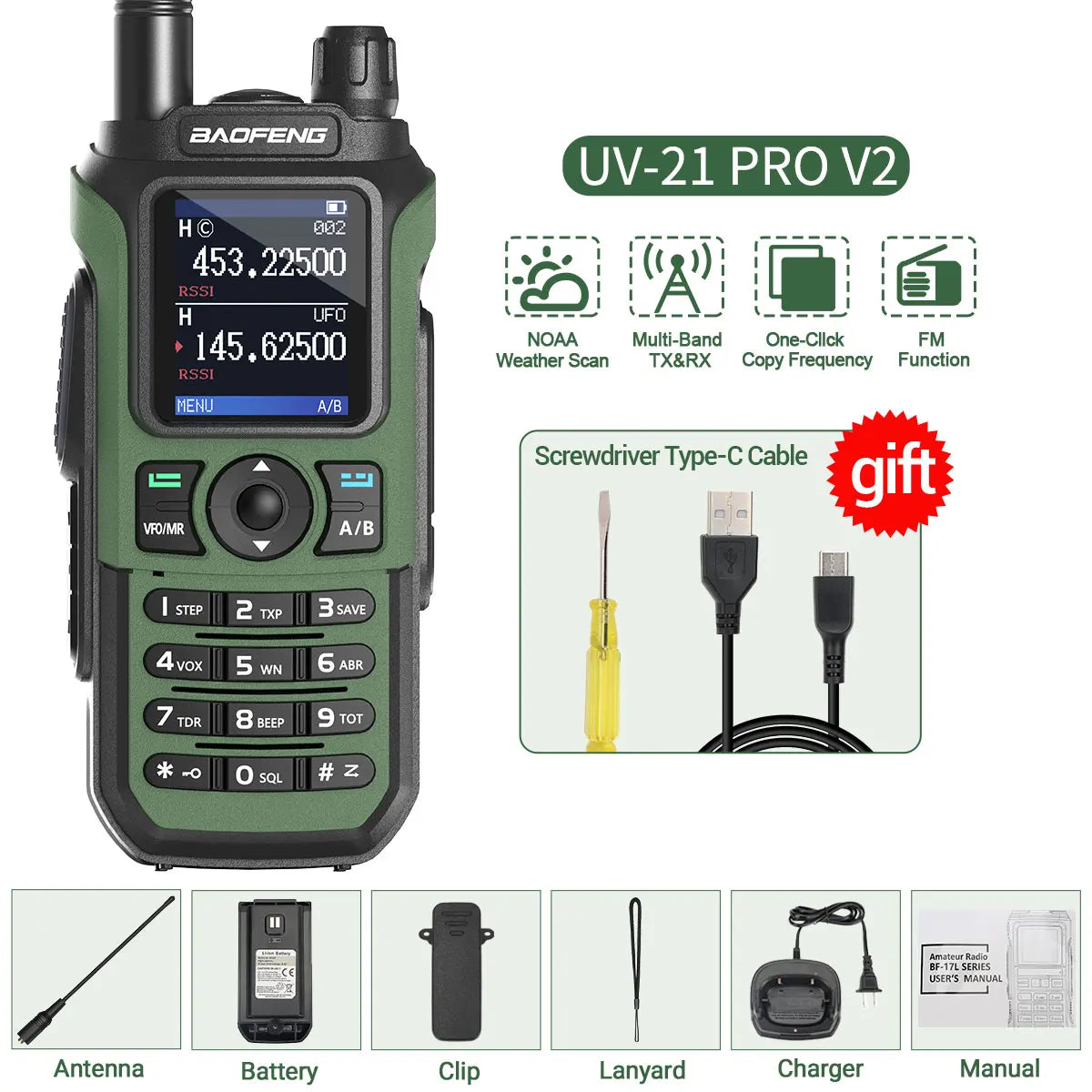Baofeng UV-21 Pro V2 Wireless Walkie-Talkie Frequency Tri Band Powerful Waterproof Long Range UV-5R 22Pro S22 Type-C Two Way Radio