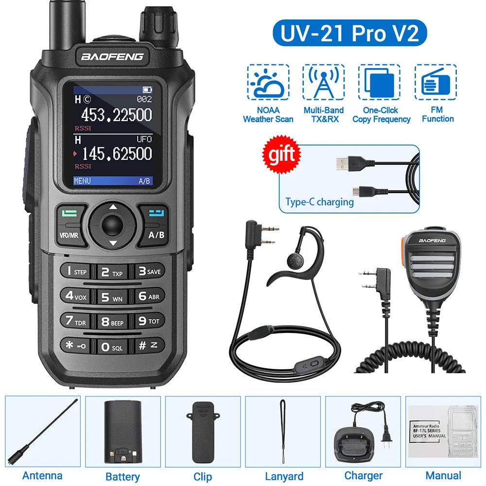 Baofeng UV-21 Pro V2 Wireless Walkie-Talkie Frequency Tri Band Powerful Waterproof Long Range UV-5R 22Pro S22 Type-C Two Way Radio