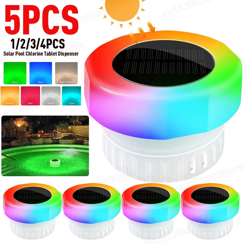 Solar Pool Floating Dispenser Swimming Pool Chlorine Floater Bromine Tablets Floating Submersible Dispenser with Colorful Light for Spa Tub