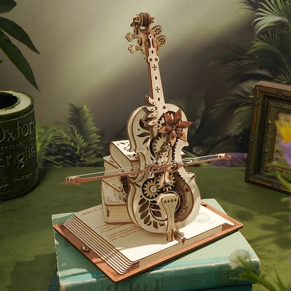 3D Wooden Puzzle Magic Cello Mechanical Music Box Moveable Stem Funny Creative Toys for Child Girls