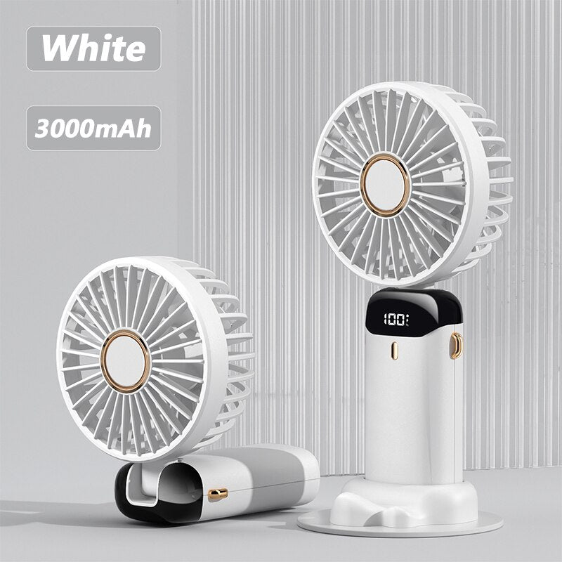Handheld Portable Rechargeable Mini Fan, USB Fold Office Desktop Multifunctional Double Battery 3000mAh Electric With Neck Lanyard