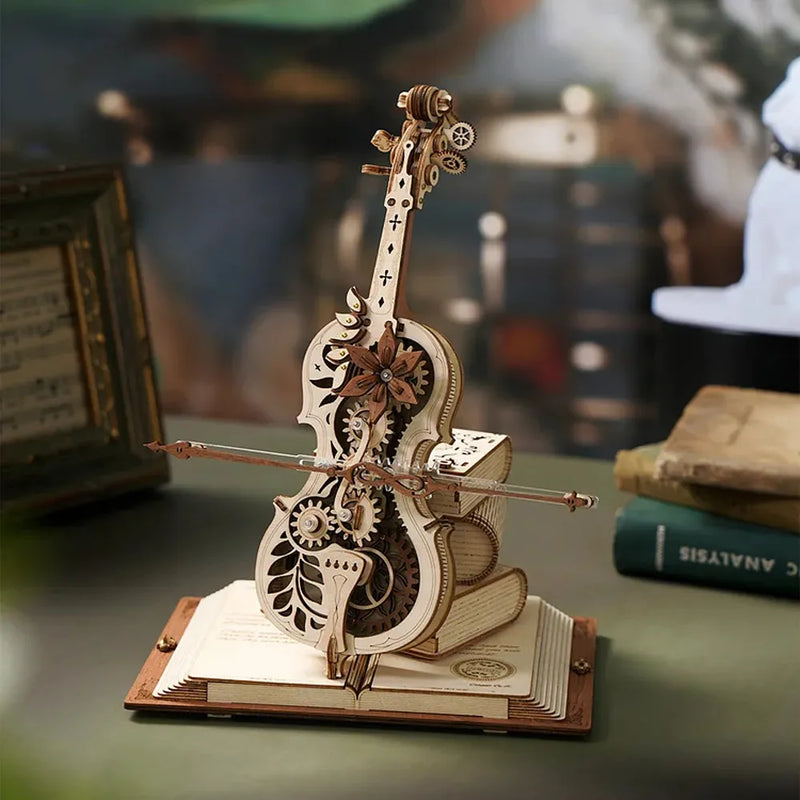 3D Wooden Puzzle Magic Cello Mechanical Music Box Moveable Stem Funny Creative Toys for Child Girls