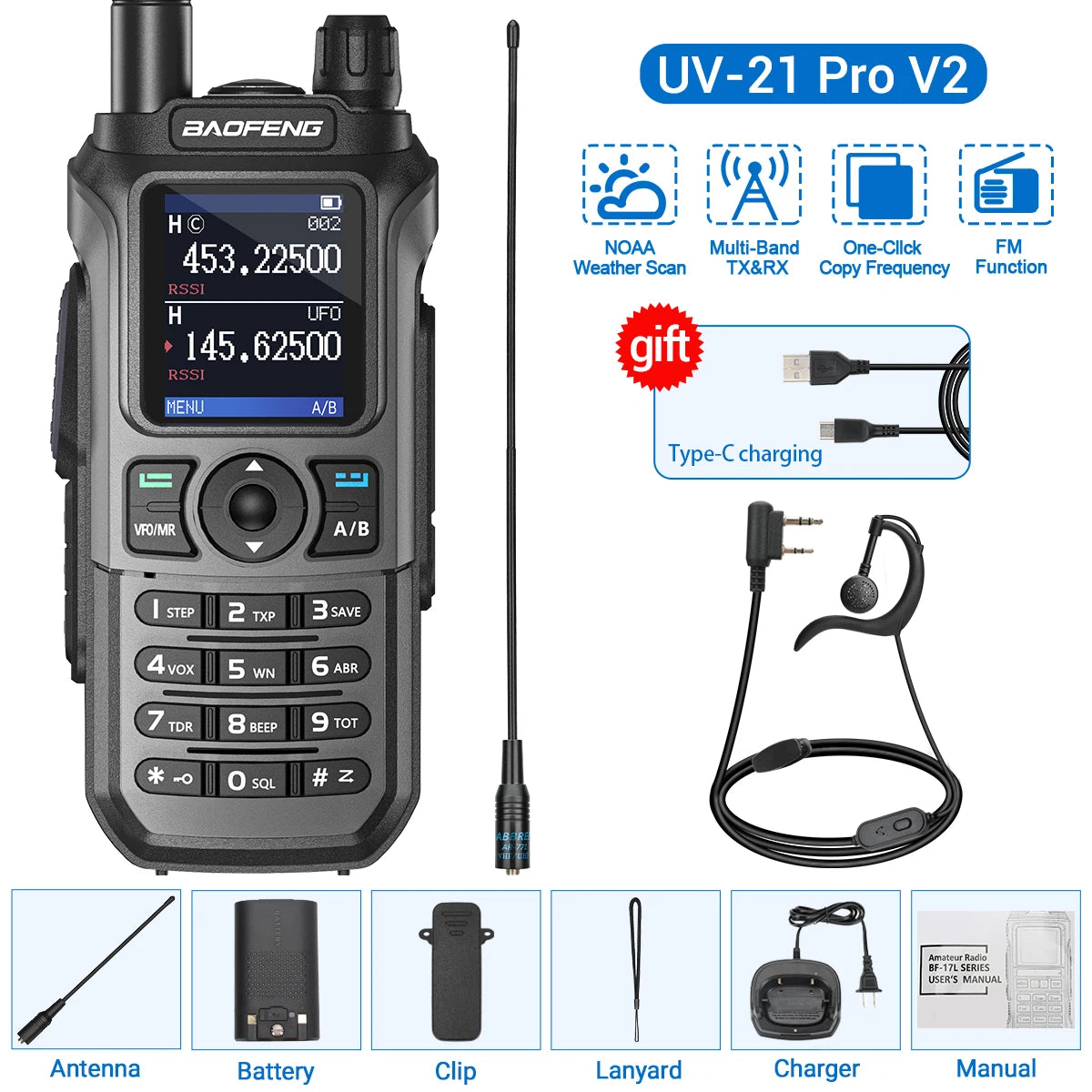 Baofeng UV-21 Pro V2 Wireless Walkie-Talkie Frequency Tri Band Powerful Waterproof Long Range UV-5R 22Pro S22 Type-C Two Way Radio