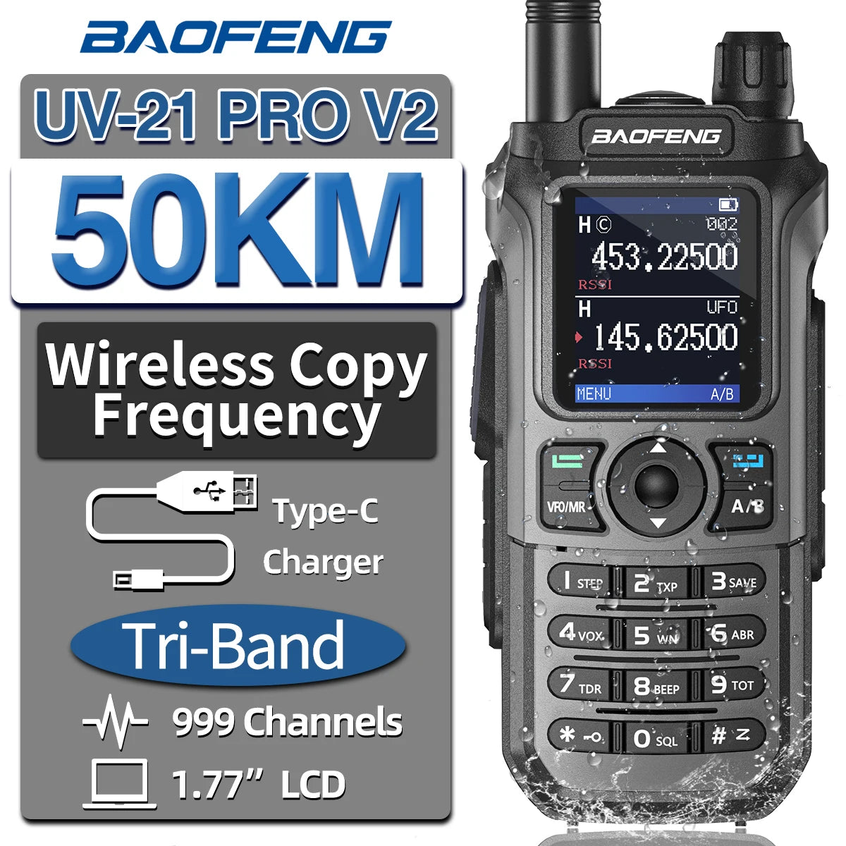 Baofeng UV-21 Pro V2 Wireless Walkie-Talkie Frequency Tri Band Powerful Waterproof Long Range UV-5R 22Pro S22 Type-C Two Way Radio