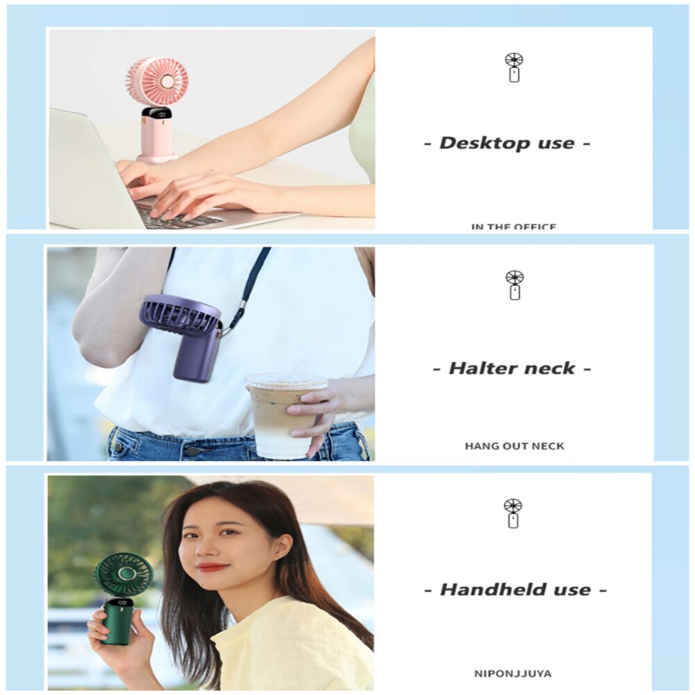 Handheld Portable Rechargeable Mini Fan, USB Fold Office Desktop Multifunctional Double Battery 3000mAh Electric With Neck Lanyard