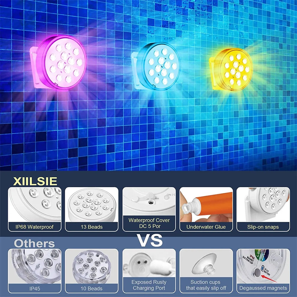 Rechargeable Submersible LED Pool Lights with Remote IP68 Waterproof Multi-Color for Decor