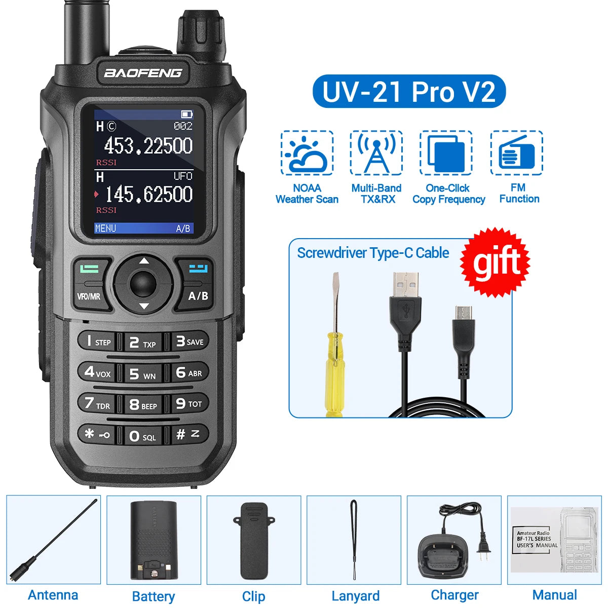 Baofeng UV-21 Pro V2 Wireless Walkie-Talkie Frequency Tri Band Powerful Waterproof Long Range UV-5R 22Pro S22 Type-C Two Way Radio