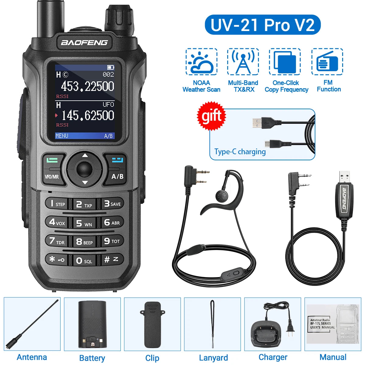 Baofeng UV-21 Pro V2 Wireless Walkie-Talkie Frequency Tri Band Powerful Waterproof Long Range UV-5R 22Pro S22 Type-C Two Way Radio