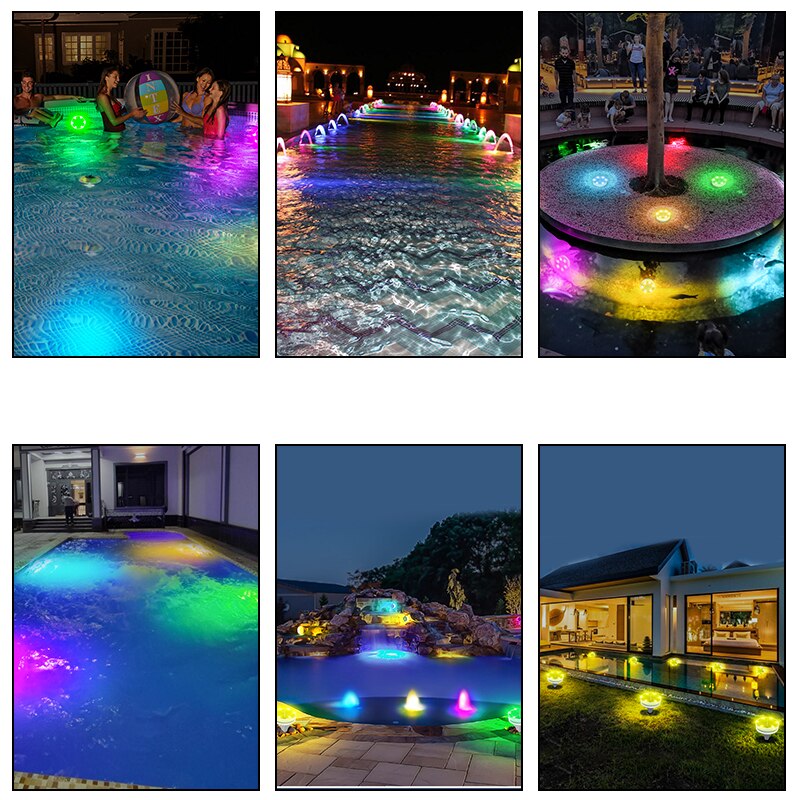 Solar Submersible LED Pool Lights, Color Changing RGB Lamps, Underwater Above ground Side