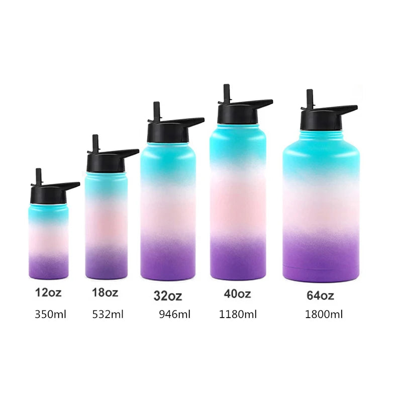 12oz 18oz 32oz 40oz Large Capacity Water Bottle Travel Sport Thermal Flask Straw Stainless Steel Vacuum Insulated Hydrated Thermos Mug