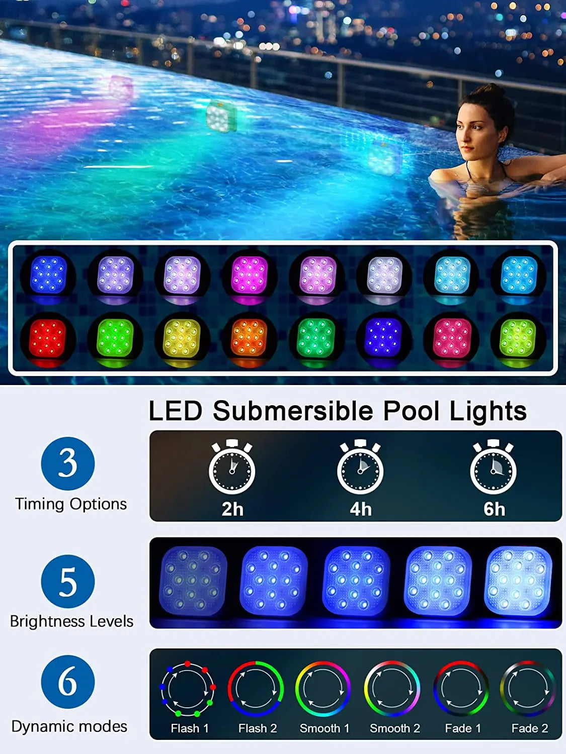 Underwater Lights LED Submersible Pool Light Rechargeable Swimming Pool Decor Lighting With Remote Control Timer Color Changing