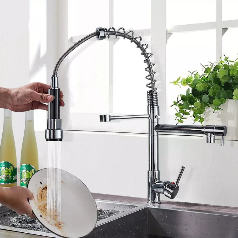 Chrome Kitchen Faucet Swivel Single Handle Sink Pull Down Sprayer Mixer Tap