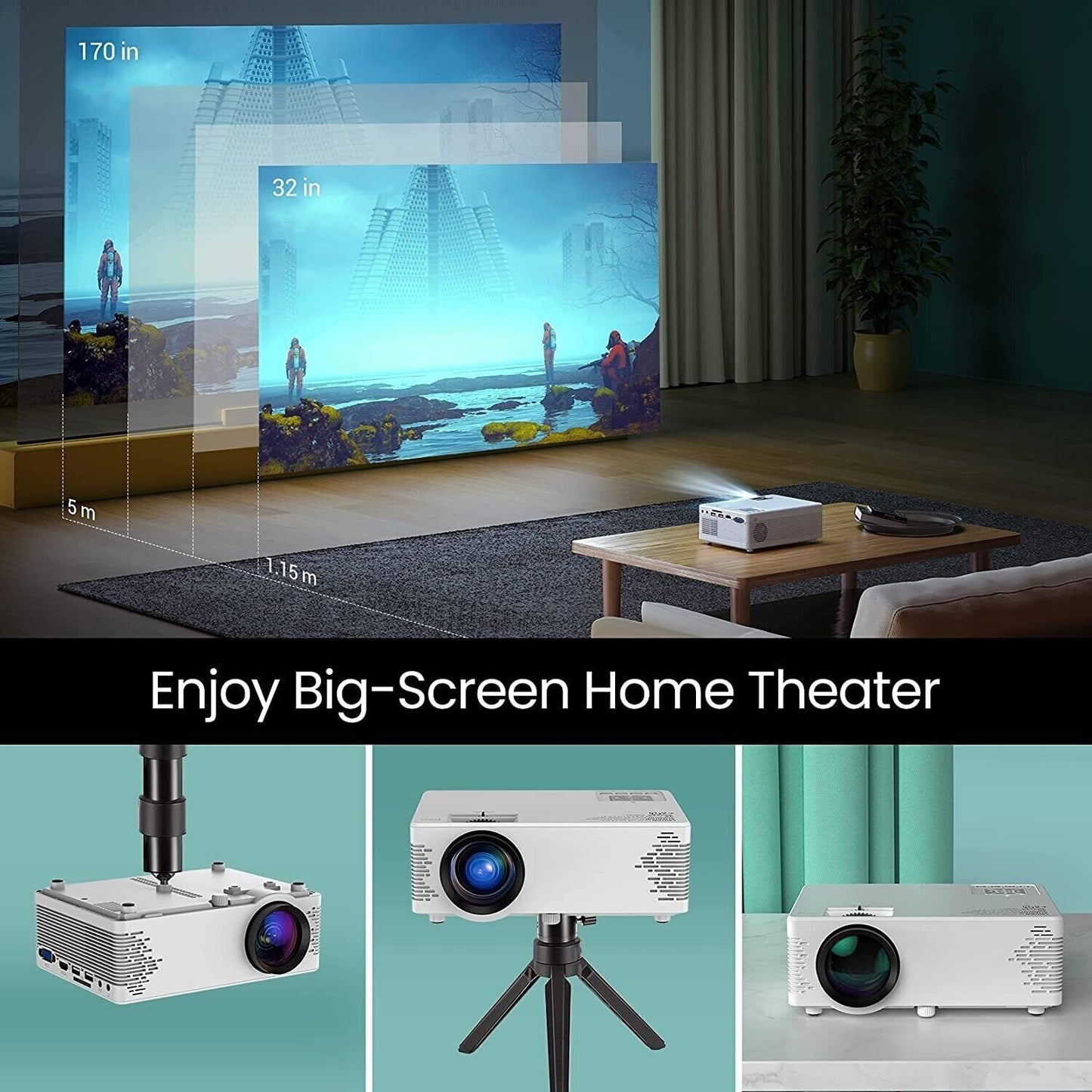 4K Projector 7500 Lumens 1080P 3D LED Mini WiFi Video Home BT Theater Cinema