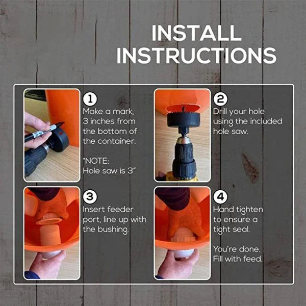 DIY Chicken Feeder, No Waste Chicken Feeder with Rat Stopper Caps with 4 Ports and 1 Hole Saw, Rain Proof and Insect Proof, for Barrels Boxes, Troughs