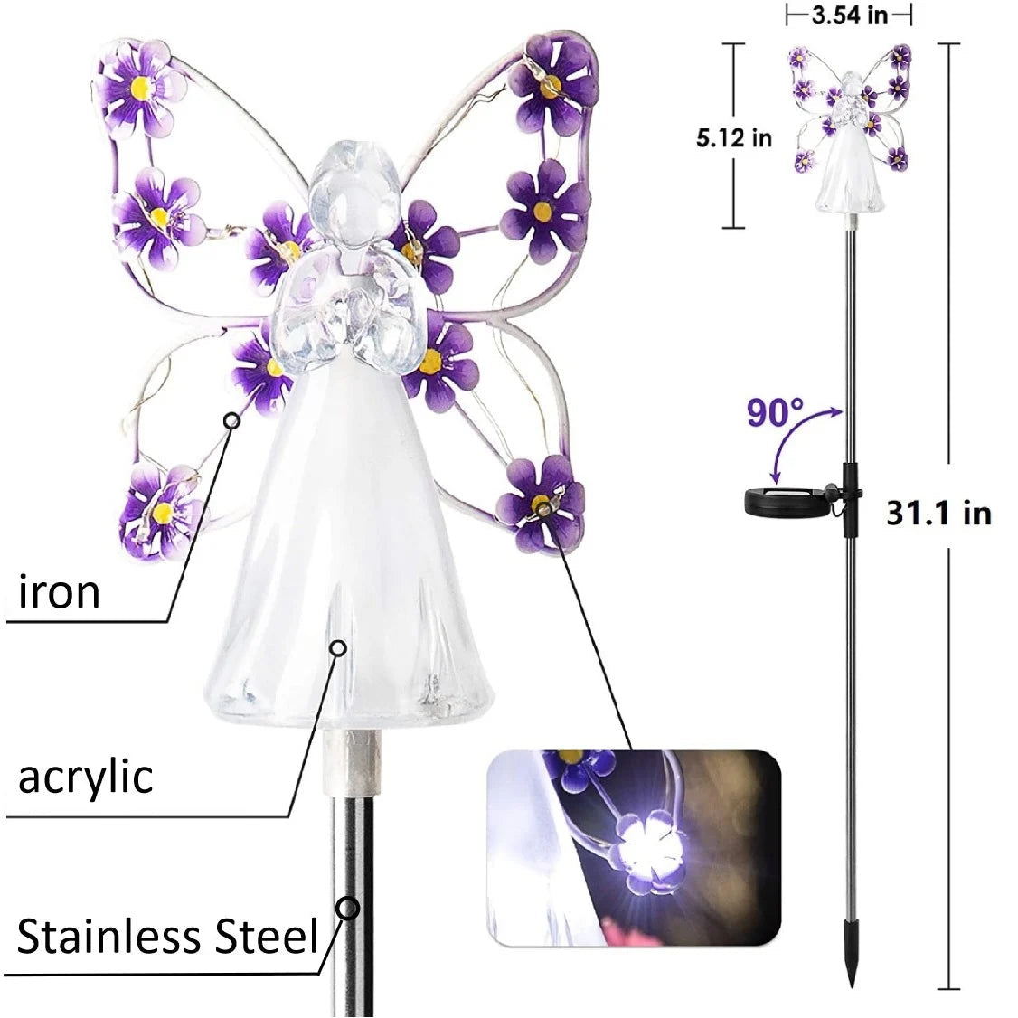 Waterproof Solar Angel lights fairy angel with wings and solar glowing flower decor