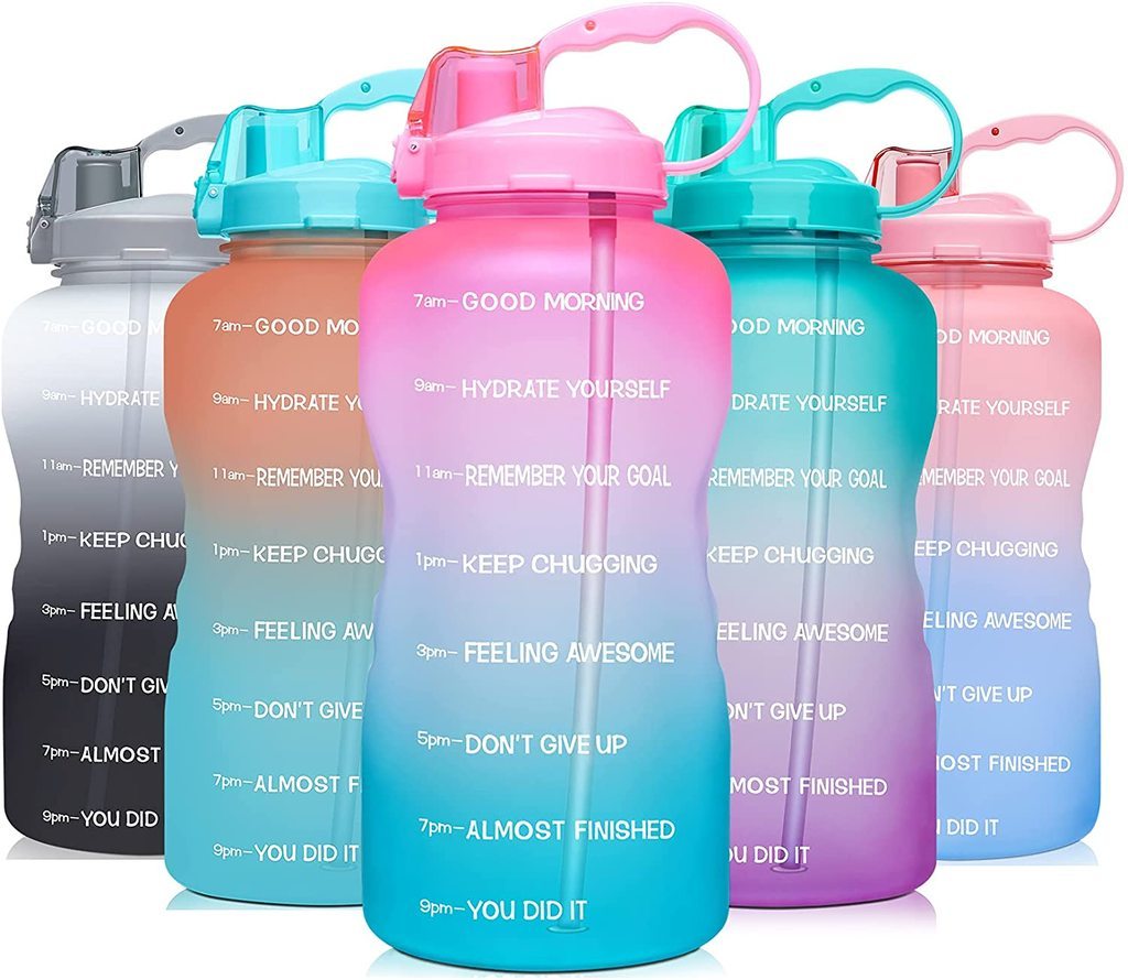 1 Gallon Motivational Water Bottle with Time Marker, Ombre Colors wide mouth, straw lid